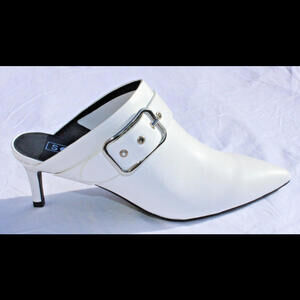 NEW SOL SANA RIVER 2.5" WRAPPED KITTEN HEEL WHITE LEATHER MULES BUCKLE ACCENT